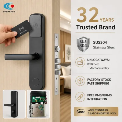 Secure 5-Bolt Structure High-Impact SUS304 Magnetic Stripe Hotel Door Lock | for B&B Use | CE Certified | 32 Years