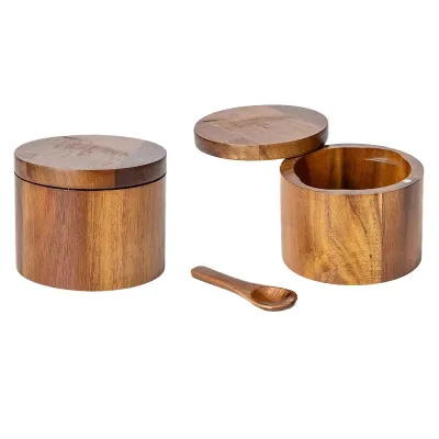 High End Eco-friendly Kitchen Wooden Seasoning Container with Built-in Spoon Antique Mahogany Design Salt tank Storage