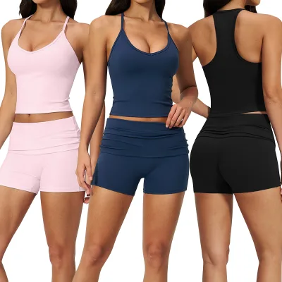TZ5558-2 Shaped Back Sexy Spaghetti Strap U Neck tank Top with Padding Folded Waistband Yoga Special Shorts 2 Piece Set