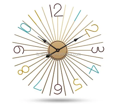 Colorful Handcrafted Gold Metal Wall Clock with Modern Sun Design - Artistic Decorative Timekeeper for Living Room