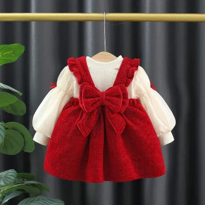 HANO 2024 Newborn Winter Wamr Baby Clothes Set Sweet Girl Korean Bow Shirt Dress Two Piece Clothing Sets