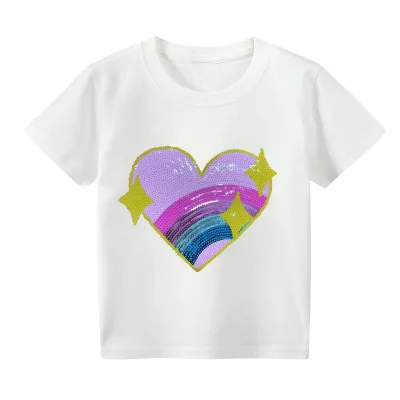 Children Boys Girls Plain T-Shirt With Sequin Patch Solid Color Cotton T-shirt for Kids