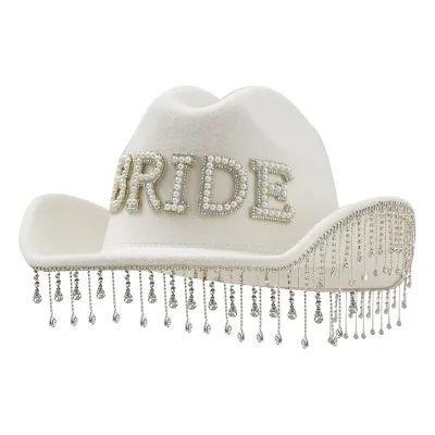 Women's Wedding Hat Unique Rhinestone Tassels Pearl Letters Church Hat for Bride Decorations Party Felt Hats