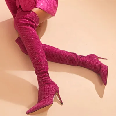Long Winter Women Over Knee High Boots Modern Shoe 43 Bling Rhinestone Diamonds Sexy High Heel Boots Pointy Toe Back Zipper