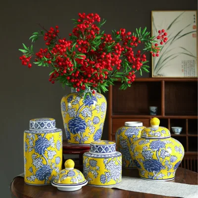 Modern yellow ceramic ginger jar small size round shape storage jar  table decoration vase