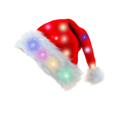 Christmas Hat Colorful LED Lights Plush Santa Hat Light up Velvet Comfort Luminous Hats for Party Supplies