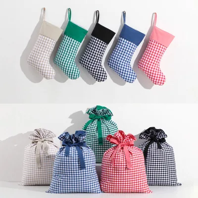 Xmas Sublimation Blank Cozy Christmas Socks Custom Decorate Fireplace Colored Canvas Gingham Christmas Stocking