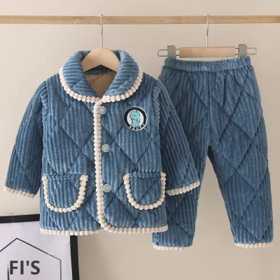 Winter Children's Three-layer Polyester Fiber Thickened Casual Flannel Pajamas Soft Treatment Boys' Girls' Small Medium-sized