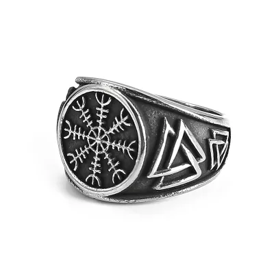 Handmade Vintage Viking Compass Pattern Ring Stainless Steel Viking Jewelry Rings for Men Helm of Awe Viking Valknut Ring
