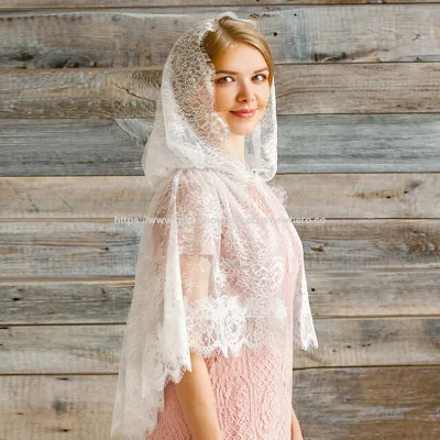 Black and white lace headscarf with long design, Muslim veil, lace trim, solid color neck scarf wholesale Women's Hijab