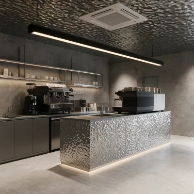 Full Set Custom Cafe Furniture 3D Design, Water Ripple Stainless Steel Commercial Coffee Shop Counter & Interior Fit‑out