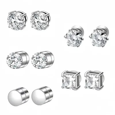 5pcs/set Fashion Stainless Steel Pierced Magnet Zircon Ear Clip Ear Cuff Earrings Set Stud Earless Piercing Jewelry