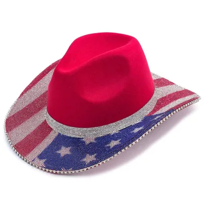 Stylish Felt Cowboy Hat American Flag Rhinestone Cowgirl Hat for 4th of July Patriotic Wedding