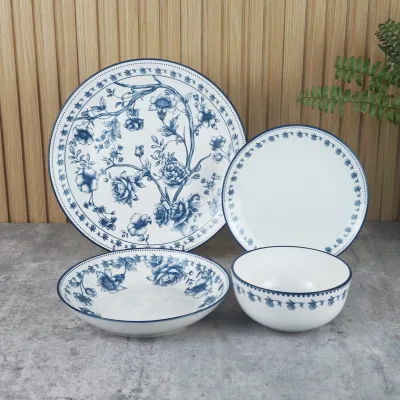 New Blue Bird and Floral Pattern Chinese Style 24pcs Porcelain Dinnerware Set Vintage Style Print Plate