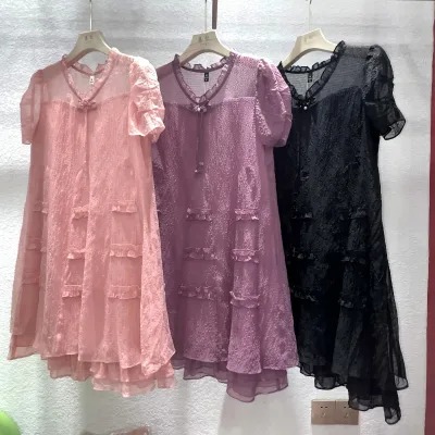 Black Purple Pink Ruffle Dress Puff Sleeve Summer Dresses for Women