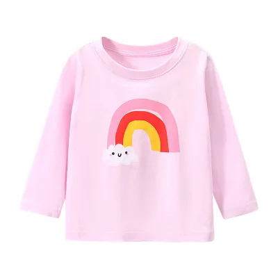 Summer Clothing Crew Neck Long Sleeve Tshirt Custom Printing Rainbow 100% Cotton Girls T-Shirts
