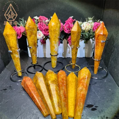 Natural Crystals  Golden Healer Yellow Fire Quartz Hematoid Wand  for Decoration