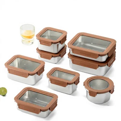 Modern Stainless Steel 304 Lunch Box with High Borosilicate AS Lid Rectangular Food Storage Container for Home Kitchen Use