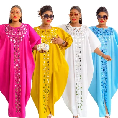 X916 Africa Clothing Plus Size Kaftan Dresses Women Robes Femme Abaya Rhinestone Irregular Bat Sleeve Loose Boubou Dresses
