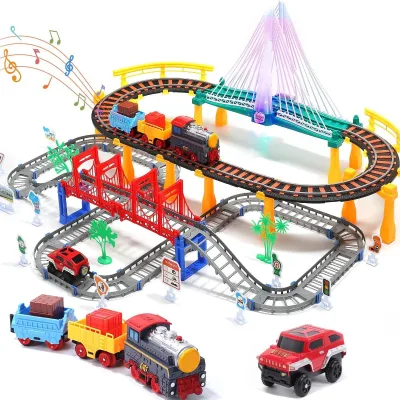 Large-Sized Assembly Track Vehicle Electric Combined Multi-Functional Train Light Elevated Bridge Educational Toy Set Plastic