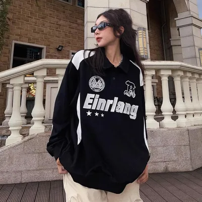 Custom Embroidery Logo Vintage Sweat Long Sleeve Polo Shirt Baseball Soccer Football Jersey Sweatshirt