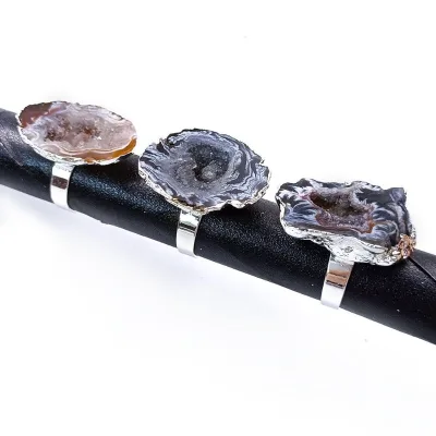 Natural Crystal Stone Adjustable Raw Geode Slice Zinc Alloy Bar Setting Customizable Ring