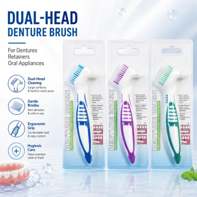 Dual-Head Soft Denture Brush Retainers Oral Appliances Non-Abrasive Bristles Ergonomic Grip Hygienic Daily Cleaning Care Tool