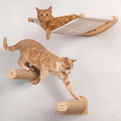 Interactive Pet Enrichment System Padded Cat Hammock With Natural Wood Frame and Rope Steps for Active Cats to Climb Hide Nap
