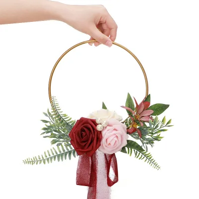 Boho Wedding Floral Hoop Handheld Artificial Flower Wreath for Bridal Party Photo Prop for Wedding Bridesmaid Home Decor