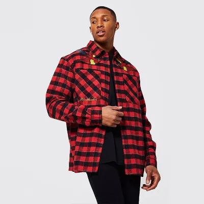Men's Casual Long Sleeve Yarn Dyed Flannel Shirt Chest Pocket Turn-down Collar Check Pattern Black Plaid Breathable Eco-Friendly
