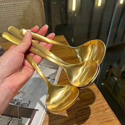 2pcs Golden Stainless Steel Large Spoons, for Hot Pot, Soup, Porridge - Long Handles, Elegant Kitchen & Dining Utensils,spoon