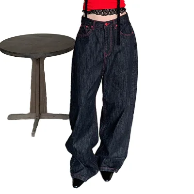 Vintage High Waist Loose Oversized Wide Leg Cargo Pants Embossed Baggy Jeans in Cotton Denim Straight Style Supplier Trousers