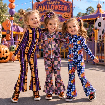 Factory Direct Sales Children's Halloween Costume Zipper Pocket Jacket Flare Pants Print Girls Clothing Sets