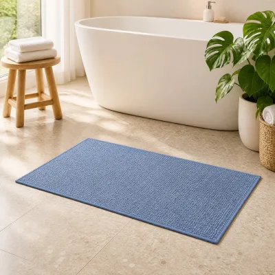 Modern Navy Blue Polyester Tufted Bathroom Rugs 17"x32" Quick Dry Thin Non-Slip Rubber Backing Absorbent Machine Washable Hotel