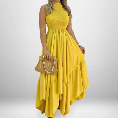 Spring and summer women's long skirt half turtleneck temperament commuting sleeveless solid color fashionable full swing dress