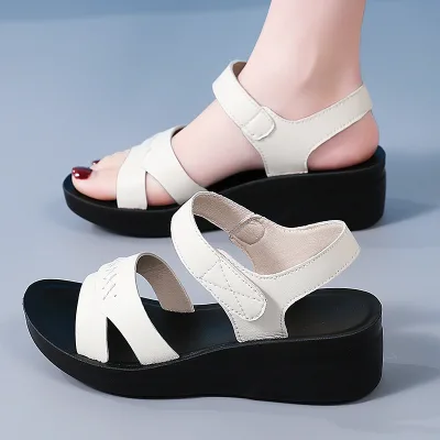 Women's Soft Leather Thick-Soled Sandals Summer New Versatile Wedge Mid-Heel Retro Platform Roman Shoes for Women