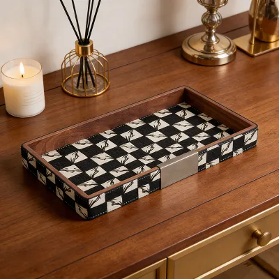 Dual-Size Checkerboard Leather & Wood Serving Tray for Hospitality Industry Large-Scale Projects