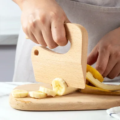 Wooden Kids Safe Kitchen Cutting Knife, Handheld Children Food Cutter for Fruit Vegetable Salad