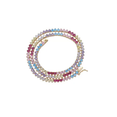 Rainbow Hip Hop Three Prong Tennis Chain Ladies Pie Zircon Rhodium Plated Anti Allergy Necklace