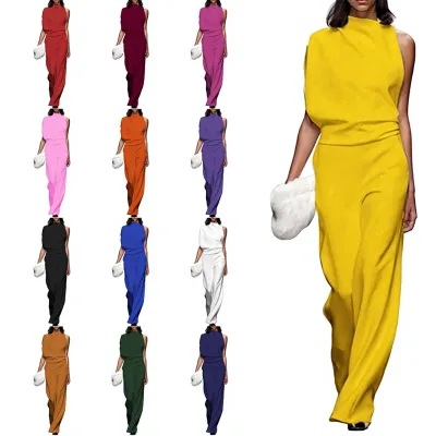 2026 Spring/Summer New European-Style Womens Solid Color One-Shoulder Turtleneck Hollow Full-Length Loose Fit Jumpsuit Polyester