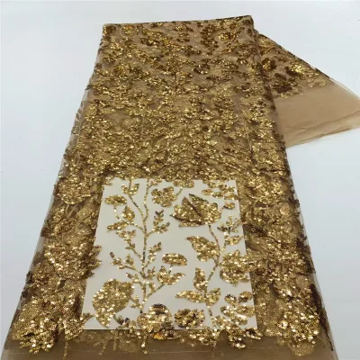 JIERITA LACE Golden Sequin-embroidered African Lace Three-dimensional Floral Tulle Fabric (Polyester) Suitable for Evening