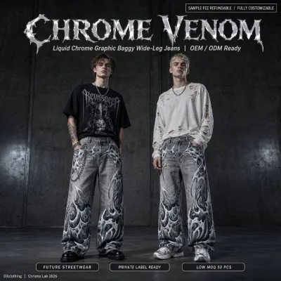 Custom 420GSM Liquid Chrome Venom Graphic Wide-Leg Jeans OEM ODM Private Label Low MOQ Sample Refundable Customizable for Brands