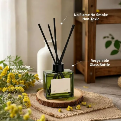 Square Wood Reed Diffuser Bpa Free Alcohol Free Long Lasting Aroma Home Fragrance Black Fiber Sticks Bedroom Hotel Decor
