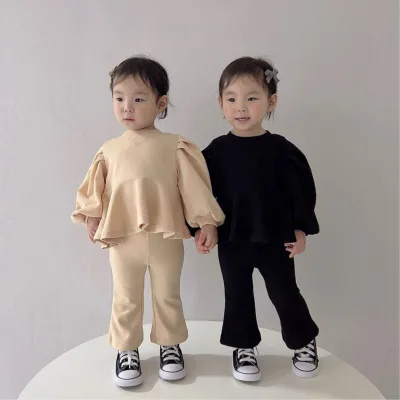Girls Spring Cloth Baby Temperament Lantern Sleeve Skirt Top V Pants Set Girls Spring Hoodie Set