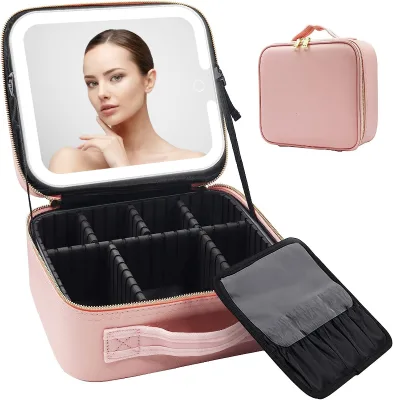 Custom Female Cosmetic case Bag with LED Light Mirror Large Capacity Travel Portable Cosmetic Bag Desktop Makeup Case Box