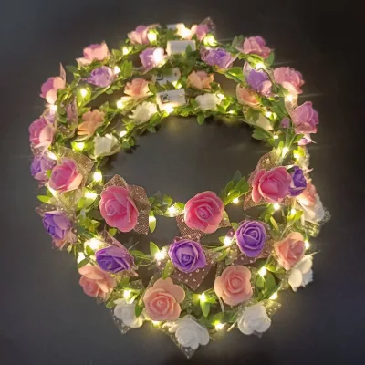 Wholesale Flower Garland Upgraded Luxury 12 LED Lights 12 Flower Kids Women Wreath Garland Party Wedding Crown Flower Headband