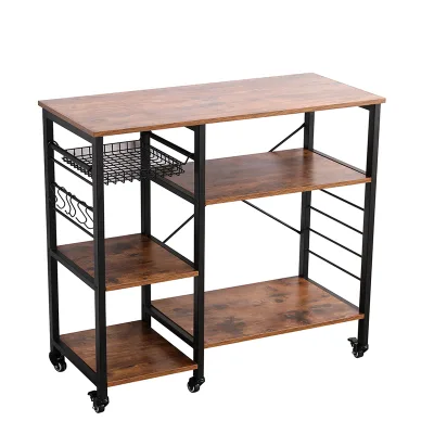 Rural Brown Kitchen Cart, Food Storage Rack With Metal Mesh Basket, Bottle Rack and Shelf