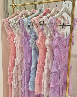 Custom Wholesale Female Fit and Flare Sleeveless Ruffle Lace Chiffon Printed Floral Summer Bohemian Boho Casual Dress for Women