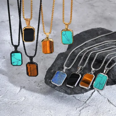 Valentine's Day Sale Stainless Steel Geometric Rectangular Tiger Eye Pendant Necklace