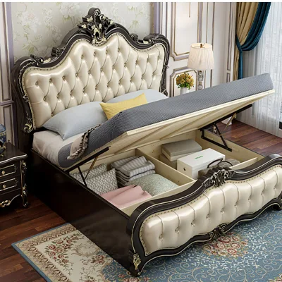 High Quality Luxury Antique French Style European Solid Wood Bedroom Furniturewooden Box Bed Design Royal Bed